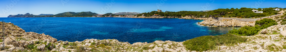 Seascape panorama of coast on Mallorca island, beautiful seaside of Cala Rajada, Spain Mediterranean Sea
