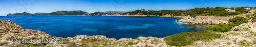 Seascape panorama of coast on Mallorca island, beautiful seaside of Cala Rajada, Spain Mediterranean Sea