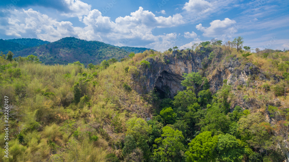 aerial photography landscape of Thanlod Yai cave to Thanlod Noi cave between two caves there have many waterfall along the way water from Thanlod Yai cave pass in to Than Lod Noi cave