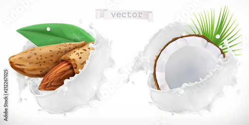 Almond, coconut and milk splash. 3d realistic vector