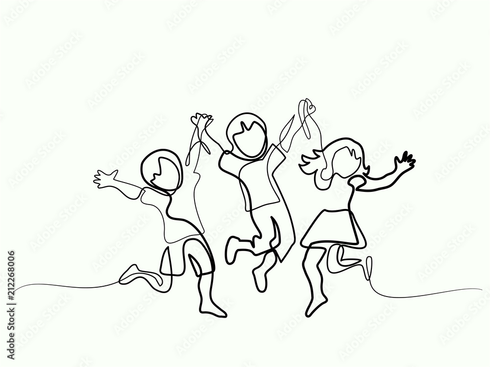 Happy jumping children holding hands. Continuous line drawing. Vector illustration on white background