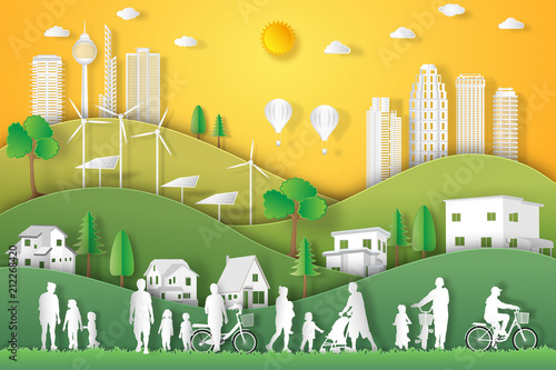 landscape of peoples exercise and relax with family in green nature, fresh air in the park as healthy , eco world environment day, paper art and craft style concept.
