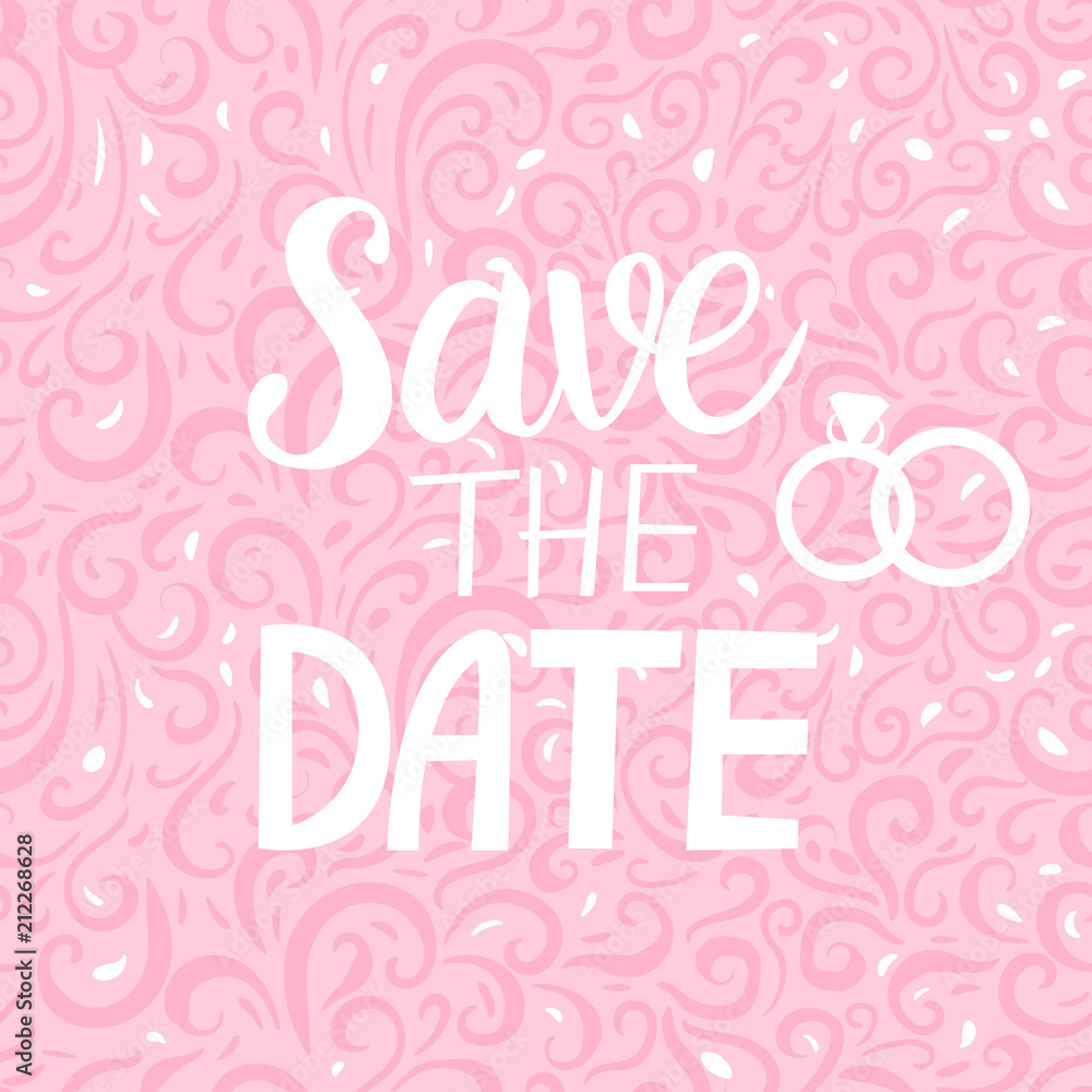 Save THE DATE card. Vector inscription lettering calligraphy white isolated on pink curls ornament texture background. Save THE DATE card. Vector inscription lettering calligraphy white isolated on pink curls ornament texture background.