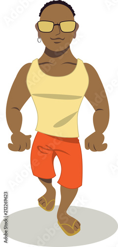 Young muscular black man wearing sunglasses, tank top and shorts, walking.