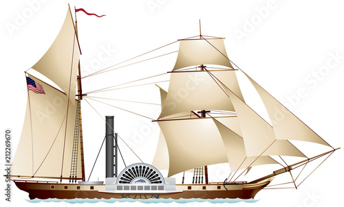 Photo Steamboat, Steamship, sailing ship sidewheel steamer color realistic vector illu