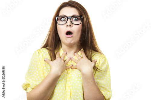Shocked amazed woman gesturing with hands