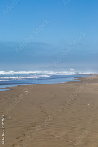 The shoreline at Ocean Beach in San Francisco, with Seal Rocks in the distance