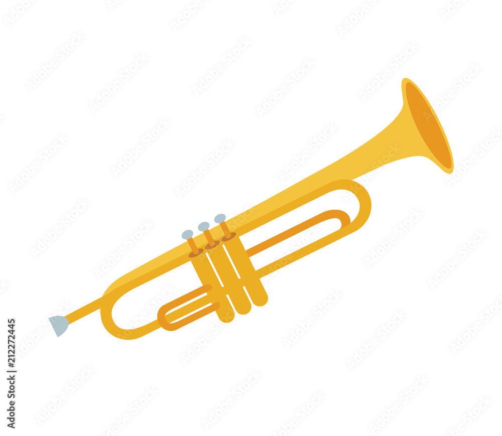 Golden trumpet isolated on white background. Vector illustration of  trumpet. Wind musical instrument. Trumpet icon, cute flat cartoon style  Stock Vector | Adobe Stock