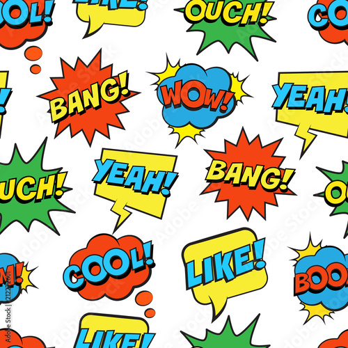 Seamless colorful pattern with comic speech bubbles on white background. Expressions COOL, YEAH, BOOM, WOW, OUCH, BANG, LIKE. Vector illustration of modern vintage stickers, pop art style