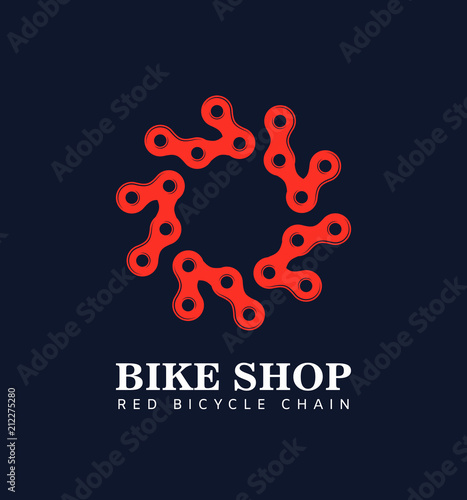 Red bicycle chain around the circle isolated vector logo on dark background. Logotype of bike parts shop. connected metal links