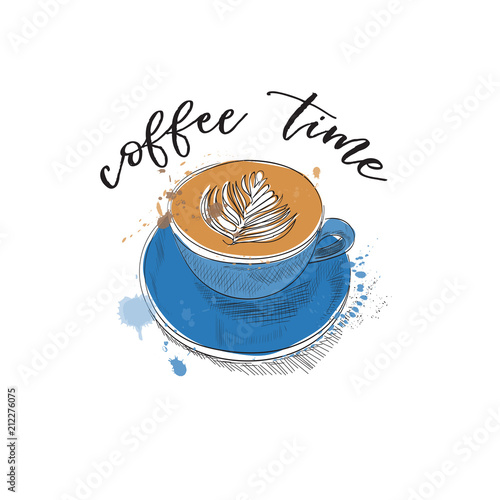 coffee cup vector hand drawn illustration. flat white latte sketch. hand drawn cafe watercolor drawing.