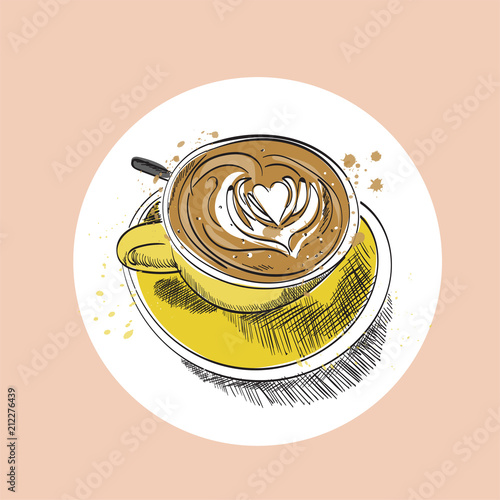 coffee cup vector hand drawn illustration. flat white latte sketch. hand drawn cafe watercolor drawing.