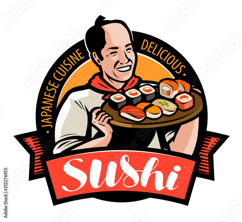 Sushi food logo or label. Japanese cuisine, restaurant emblem. Vector illustration