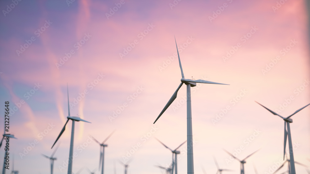 3d illustration of a beautiful, spectacular sunset on a background of wind turbines. Ecological net energy. 3d illustration of a beautiful, spectacular sunset on a background of wind turbines. Ecological net energy.