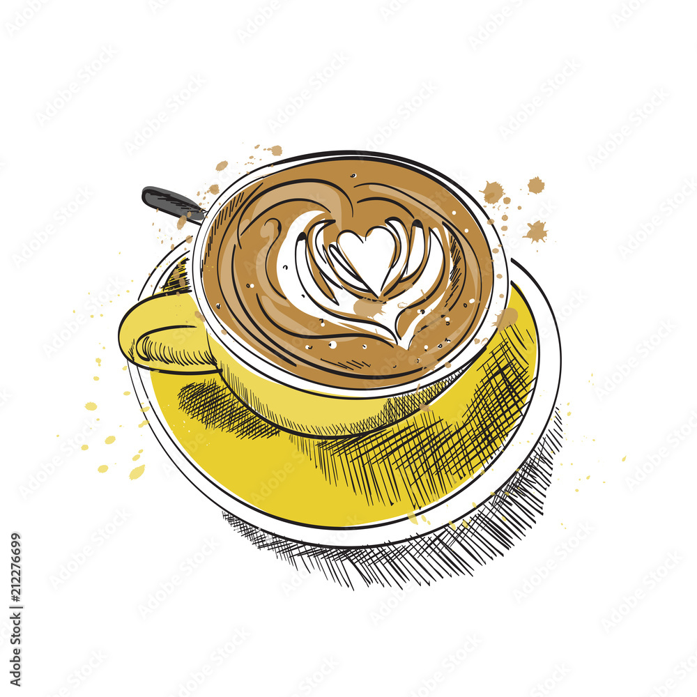 coffee cup vector hand drawn illustration. flat white latte sketch ...