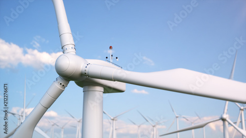 3d illustration of a beautiful, exciting blue sky against a background of wind turbines. Ecological net energy.