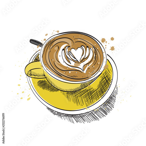 coffee cup vector hand drawn illustration. flat white latte sketch. hand drawn cafe watercolor drawing.