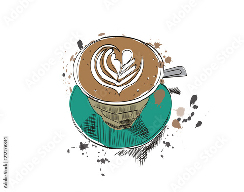 coffee cup vector hand drawn illustration. flat white latte sketch. hand drawn cafe watercolor drawing.