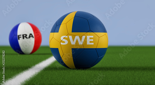 Sweden vs. France Soccer Match - Soccer balls in Sweden and France national colors on a soccer field. 3D rendering 