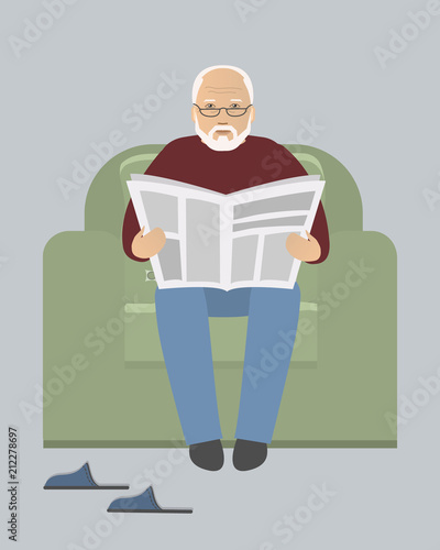 Old man is sitting in an armchair and reading a newspaper. There are also room slippers in the picture. Vector illustration