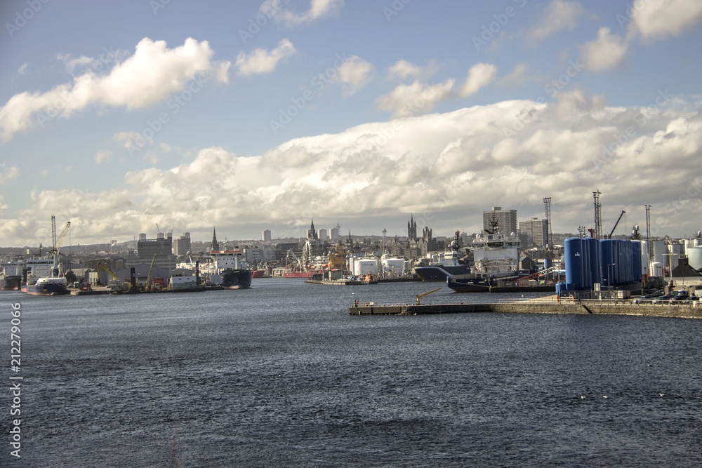 Aberdeen, Scotland / United Kingdom - April 17th 2018: Harbour and the city landscape
