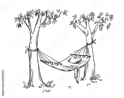 Cosy hammock in a garden. Vector line drawing