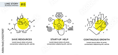 Set of illustrations concept with business concept. Workflow, growth, graphics. Business development, milestones, start-up. linear illustration Icons infographics. Landing page site print poster. Line