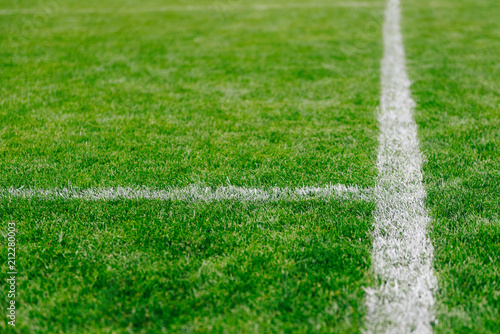 Close up of grass and marks on football or soccer field 2018
