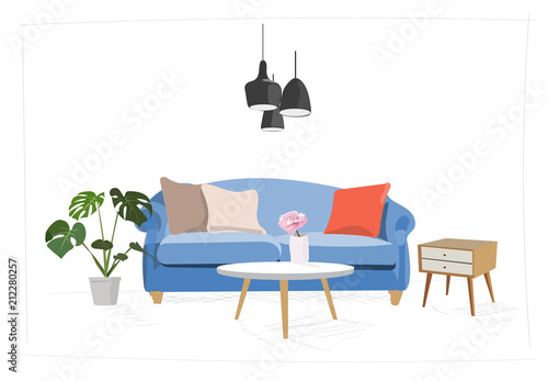 vector interior design illustration. home house decor decoration. furniture living room lounge. sofa armchair table coffee lamp cushion plant vase. modern contemporary designer trendy style. trend. 