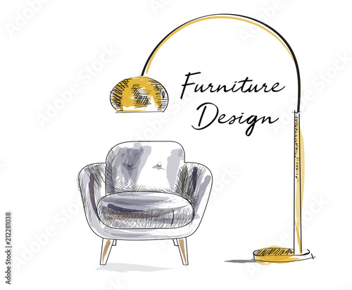 armchair sketch. hand drawn chair. vector furniture illustration. mid century modern interior design. 