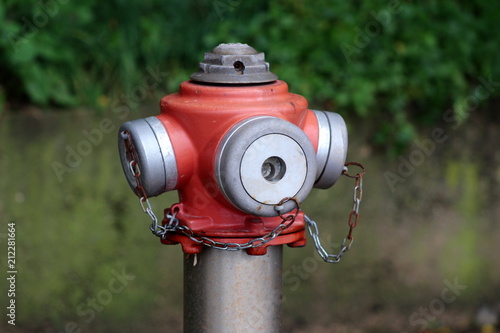 Metal red and grey fire hydrant top with four caps connected with small partially rusted chains on green leaves and stone background
