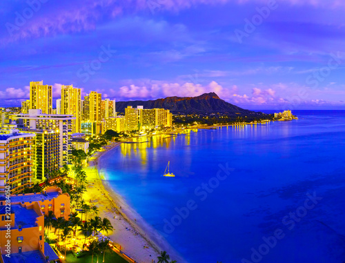 ハワイ　ワイキキビーチの夕景