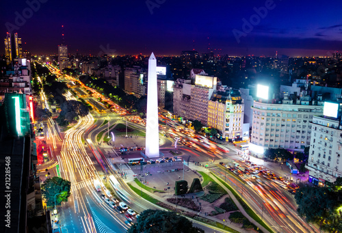 Fotobehang Colorful Aerial view of Buenos Aires and 9 de julio avenue at night - Buenos Air