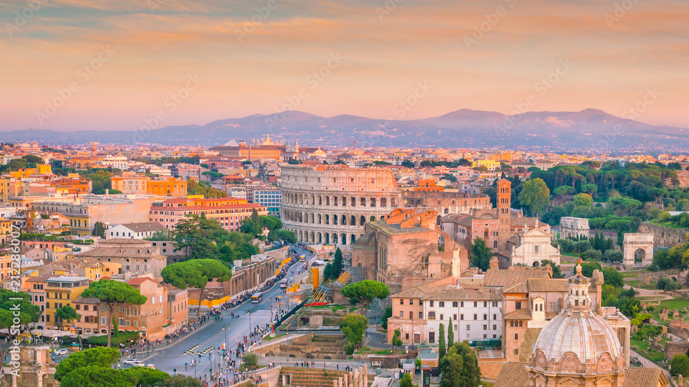 Top view of  Rome city skyline with Colosseum and Roman Forum