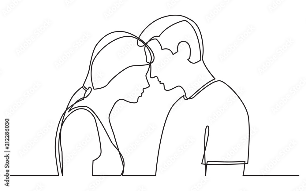 continuous line drawing of couple standing together on white background - obrazy, fototapety, plakaty 