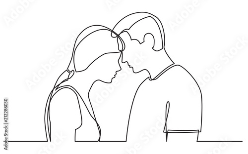 continuous line drawing of couple standing together on white background