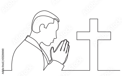 continuous line drawing of praying man with christian cross