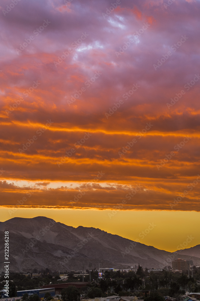 Sunset over Copiapo city, an amazing and colorful skyline