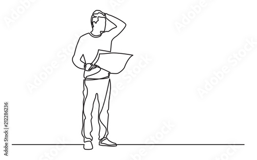 continuous line drawing of standing man with map feeling lost