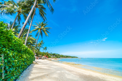 Beautiful tropical beach sea and sand with coconut palm tree on blue sky and white cloud © siraphol
