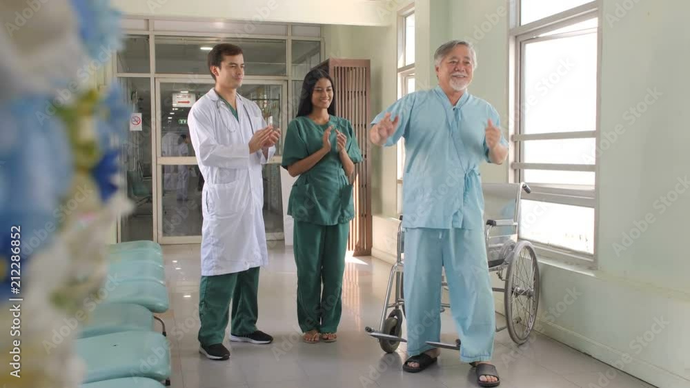 Doctor and patient dance together at hospital in slow motion. Doctor and patient dance together at hospital in slow motion.