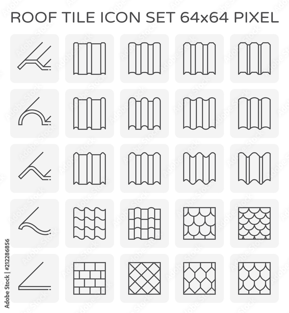 Roof tile vector icon. Consist of many shape and texture surface i.e. wave,  wavy and sheet. Many material i.e. clay, metal, ceramic, terracotta, steel  and shingle. For house cover and construction. Stock