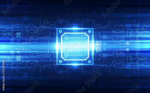 Abstract technology chip processor background circuit board and code, illustration blue technology background vector.