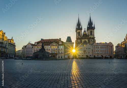 Sunrise morning of Prague old town square in Czech