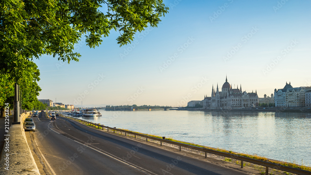 Panorama view of Budapest city street with Parliament Building in Hungary