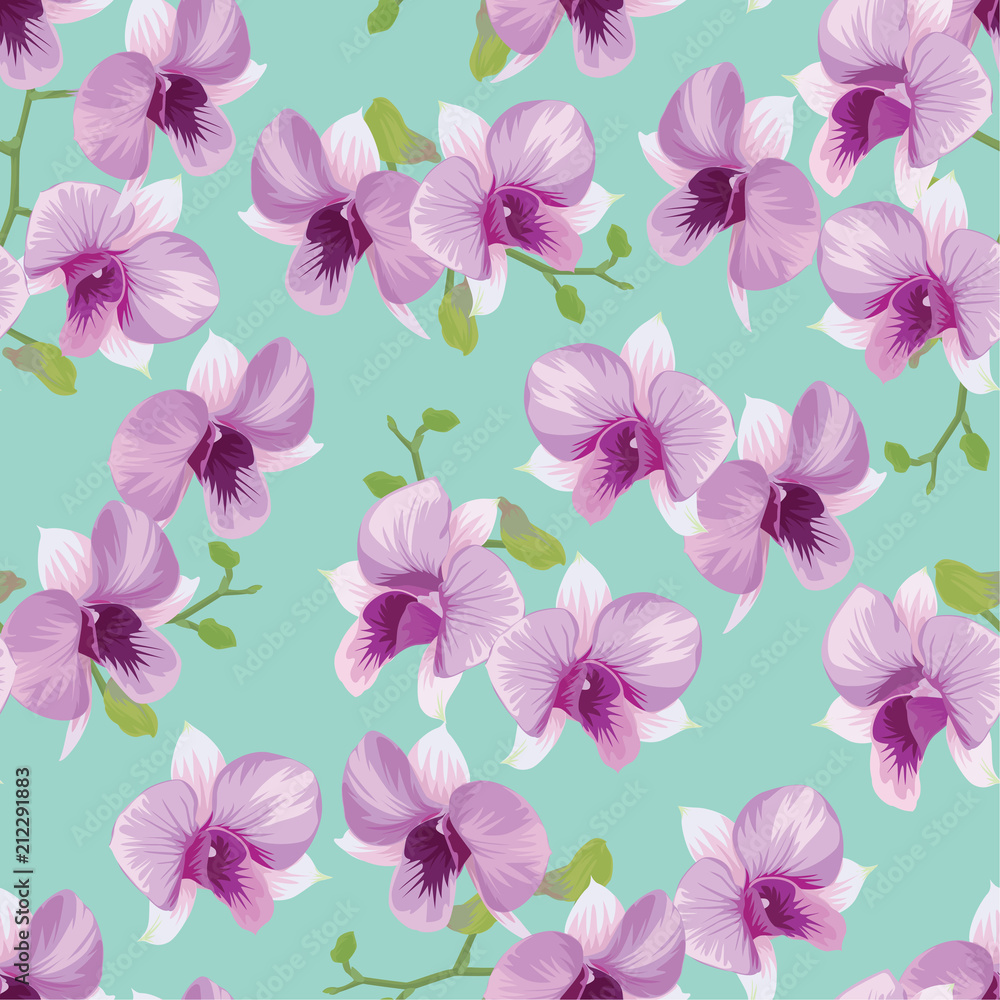 Seamless pattern of tropical orchid flowers on green background template. Vector set of blooming floral for holiday invitations, greeting card and fashion design.