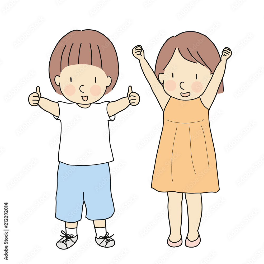 Vector illustration of two kids, boy with thumbs up and girl with raised  arms & fits