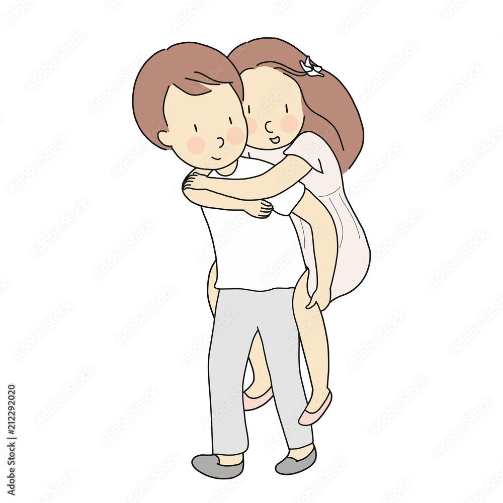 Vector illustration of young man giving a piggy back ride to his girlfriend. Happy valentine day, love couple, pre wedding concept. Cartoon character drawing style. Vector illustration of young man giving a piggy back ride to his girlfriend. Happy valentine day, love couple, pre wedding concept. Cartoon character drawing style.