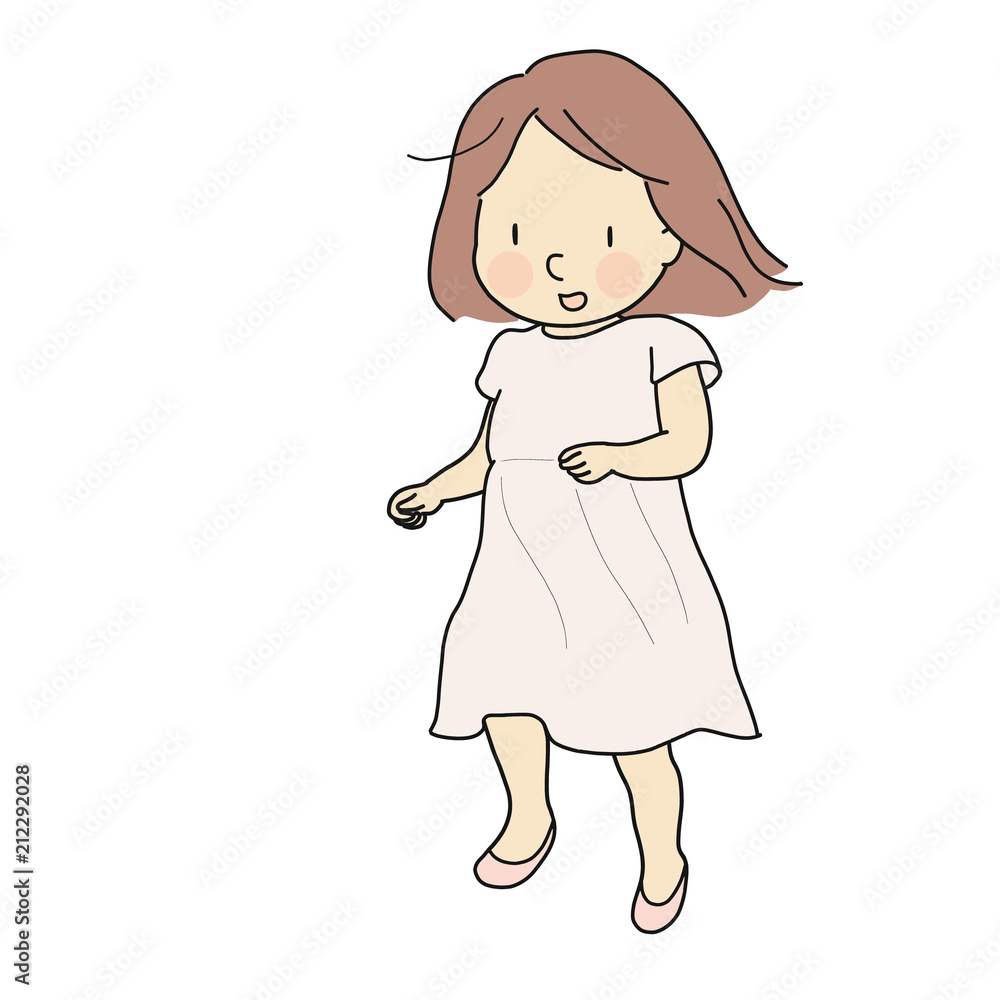Vector illustration of cheerful girl running and smiling. Early childhood development activity, happy children day card, child playing concept. Cartoon character drawing style. Vector illustration of cheerful girl running and smiling. Early childhood development activity, happy children day card, child playing concept. Cartoon character drawing style.