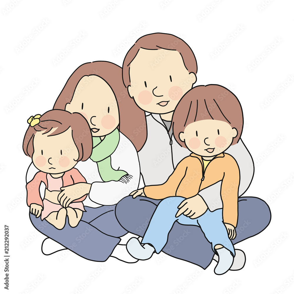 Vector illustration of happy father, mother, son & daughter sitting together. Kids sitting on parents' lap. Dad and mom holding and hugging baby. Family day, parenthood, childhood development concept. Vector illustration of happy father, mother, son & daughter sitting together. Kids sitting on parents' lap. Dad and mom holding and hugging baby. Family day, parenthood, childhood development concept.